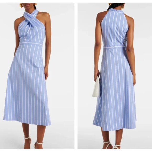Veronica Beard Baylee Striped Crossover Sleeveless Midi Poplin Dress Blue Size 8 - Picture 9 of 9